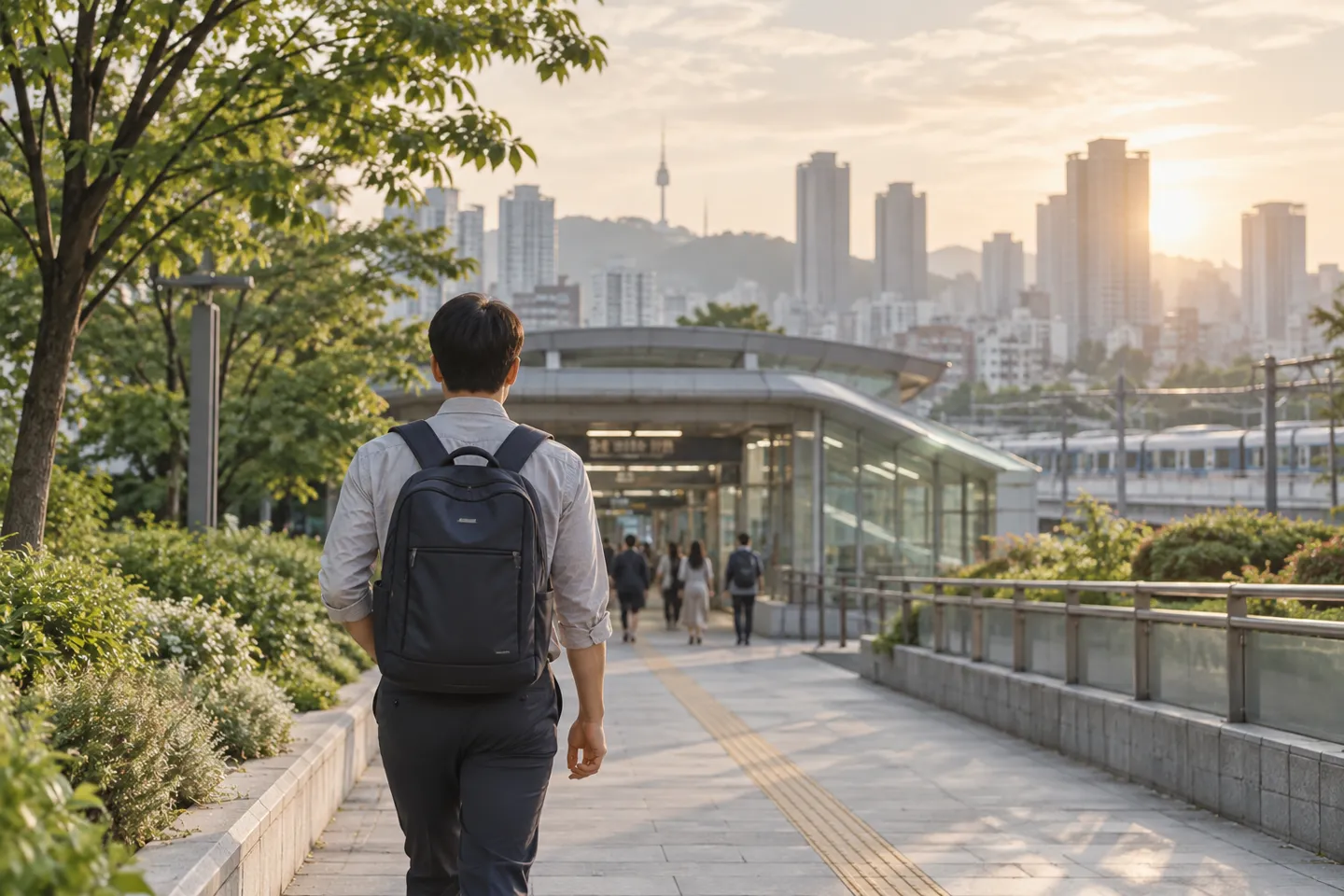 아침 보행로를 따라 역으로 출근하는 사람. AI 제작 이미지.